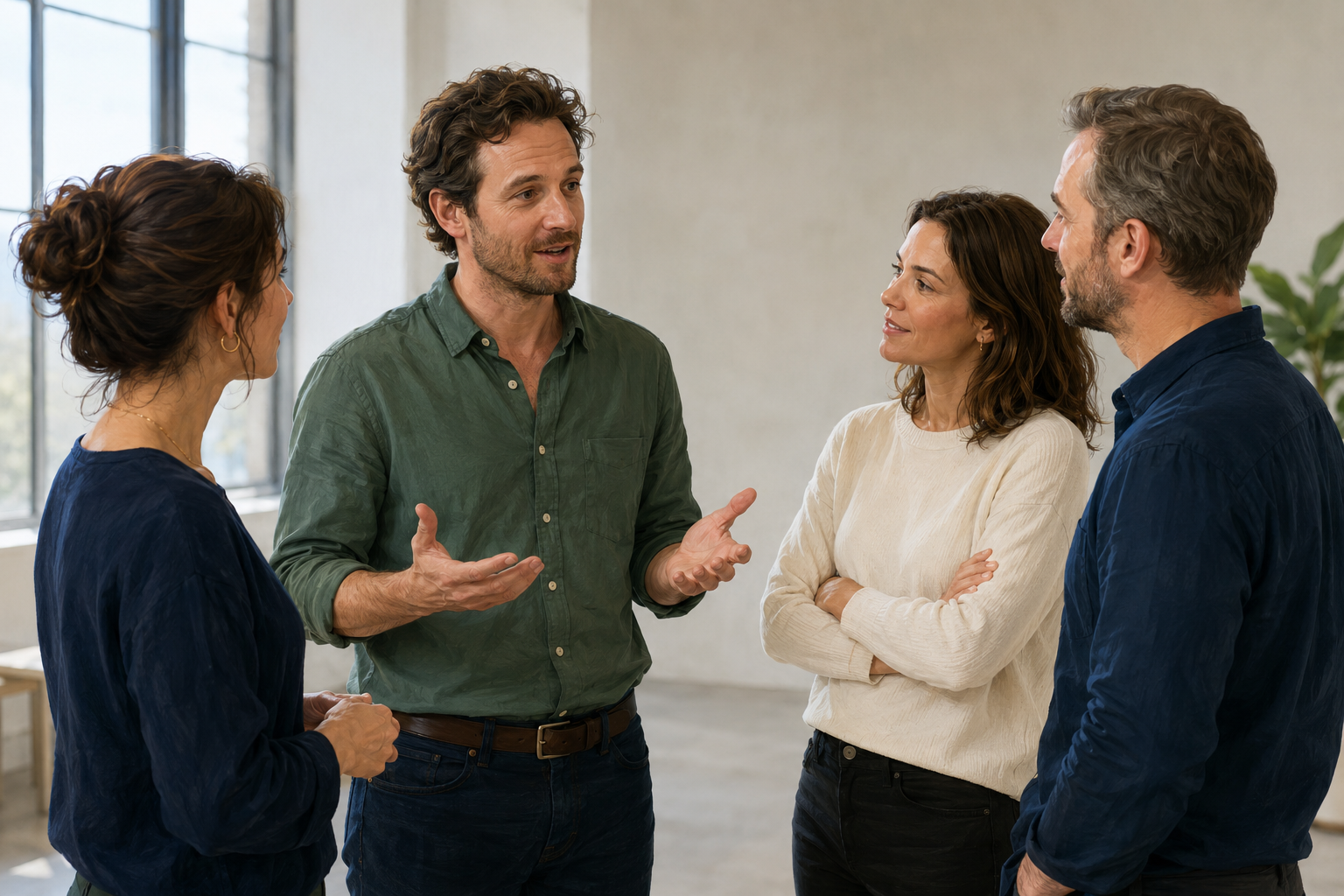 A small group of people talking casually, one answering questions with open hands