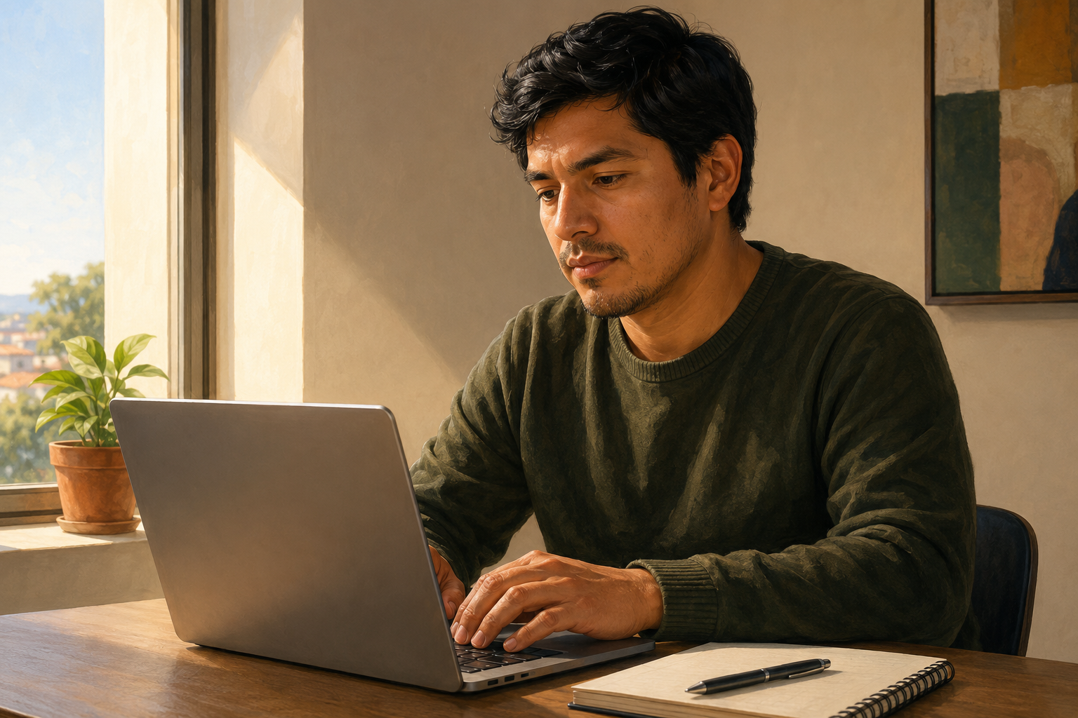 Person typing at a laptop beside a bright window in the morning