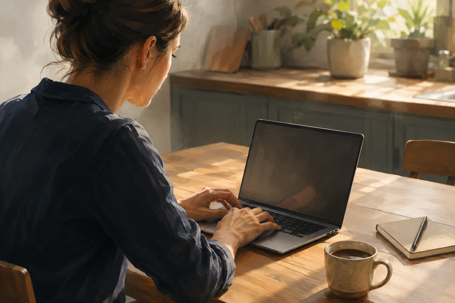 Close view of someone typing a promotional email on a laptop at a kitchen table