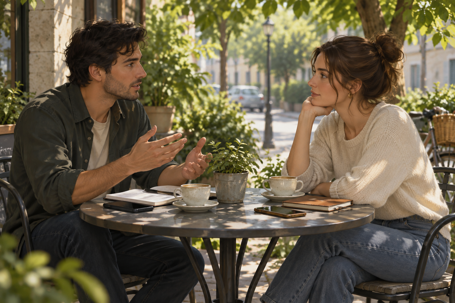 Two colleagues comparing notes at an outdoor cafe