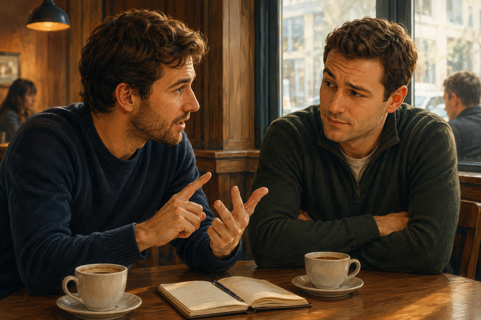 Two colleagues in conversation over coffee at a cafe table
