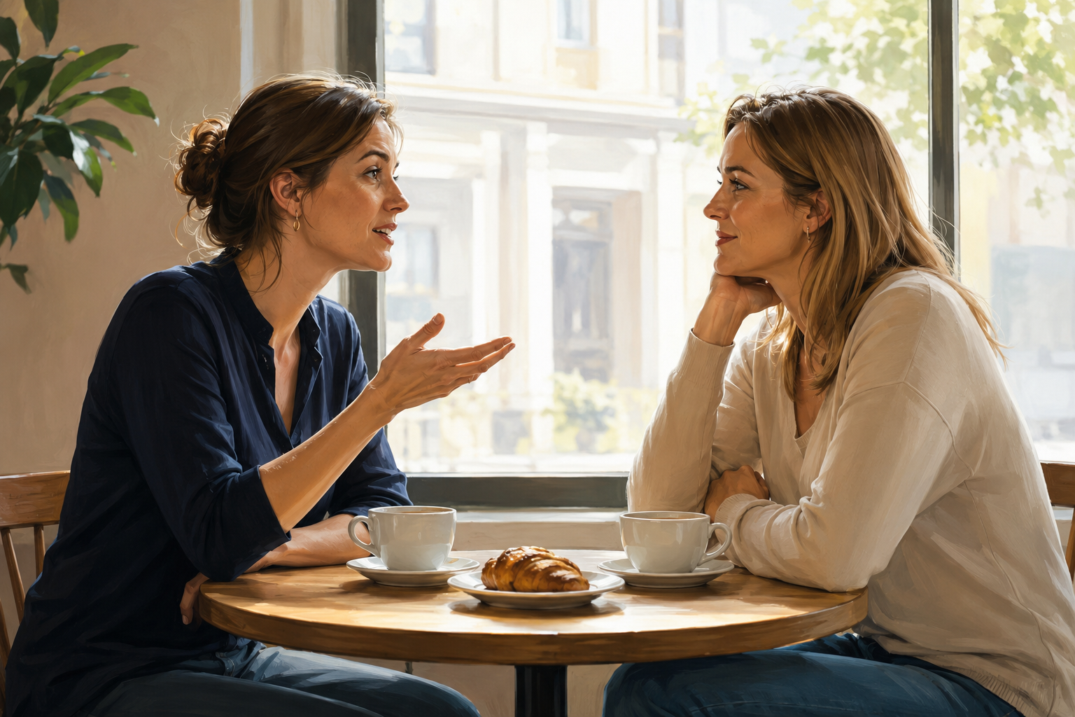Two course creators comparing notes over coffee