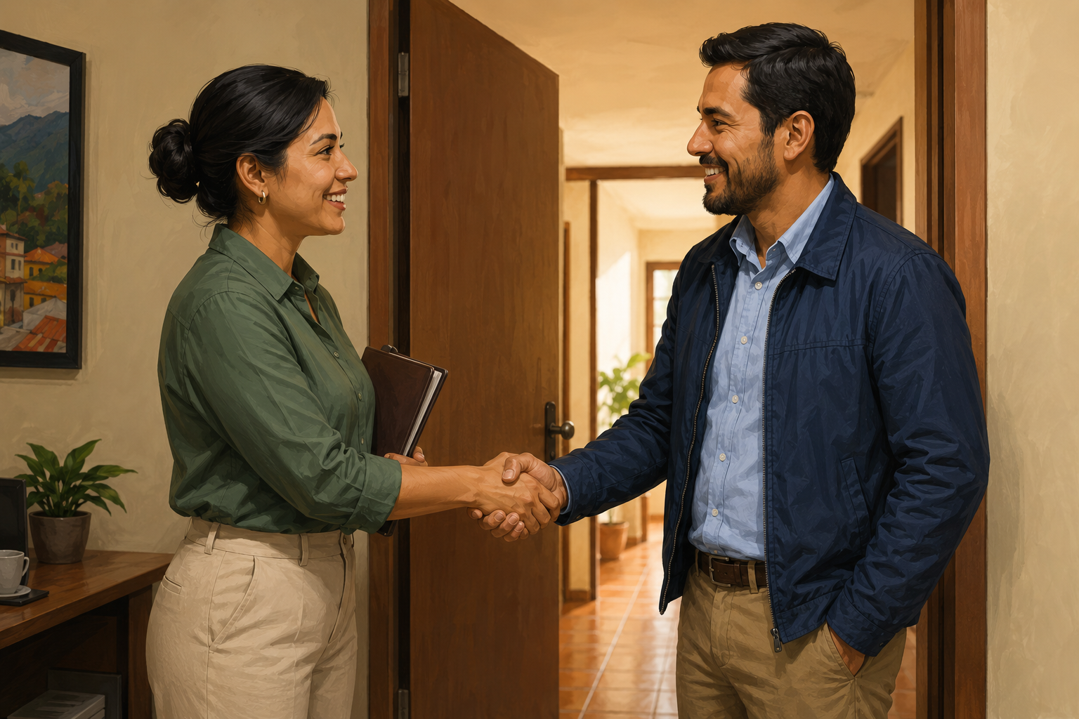 Two people shaking hands in an office doorway