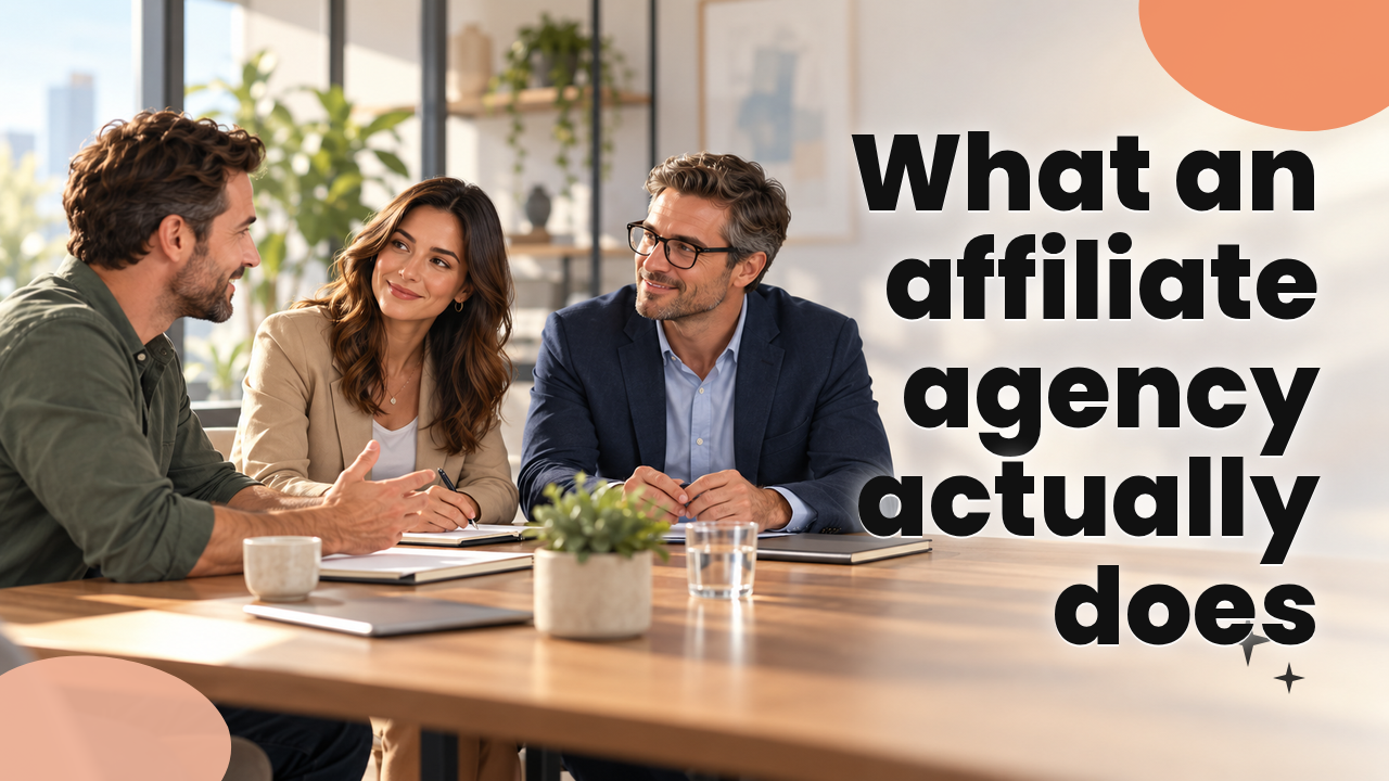 Business owner meeting with a small affiliate agency team around a table in a bright office
