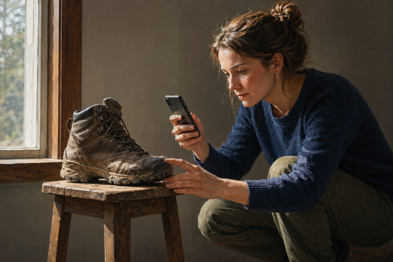 Woman photographing a well-worn hiking boot in natural light