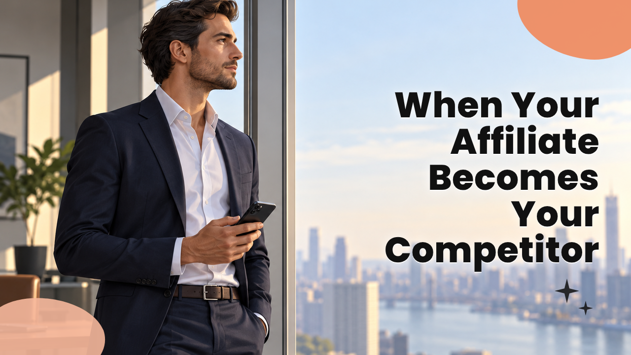 Founder standing at an office window holding a phone, thinking calmly, positioned on the left