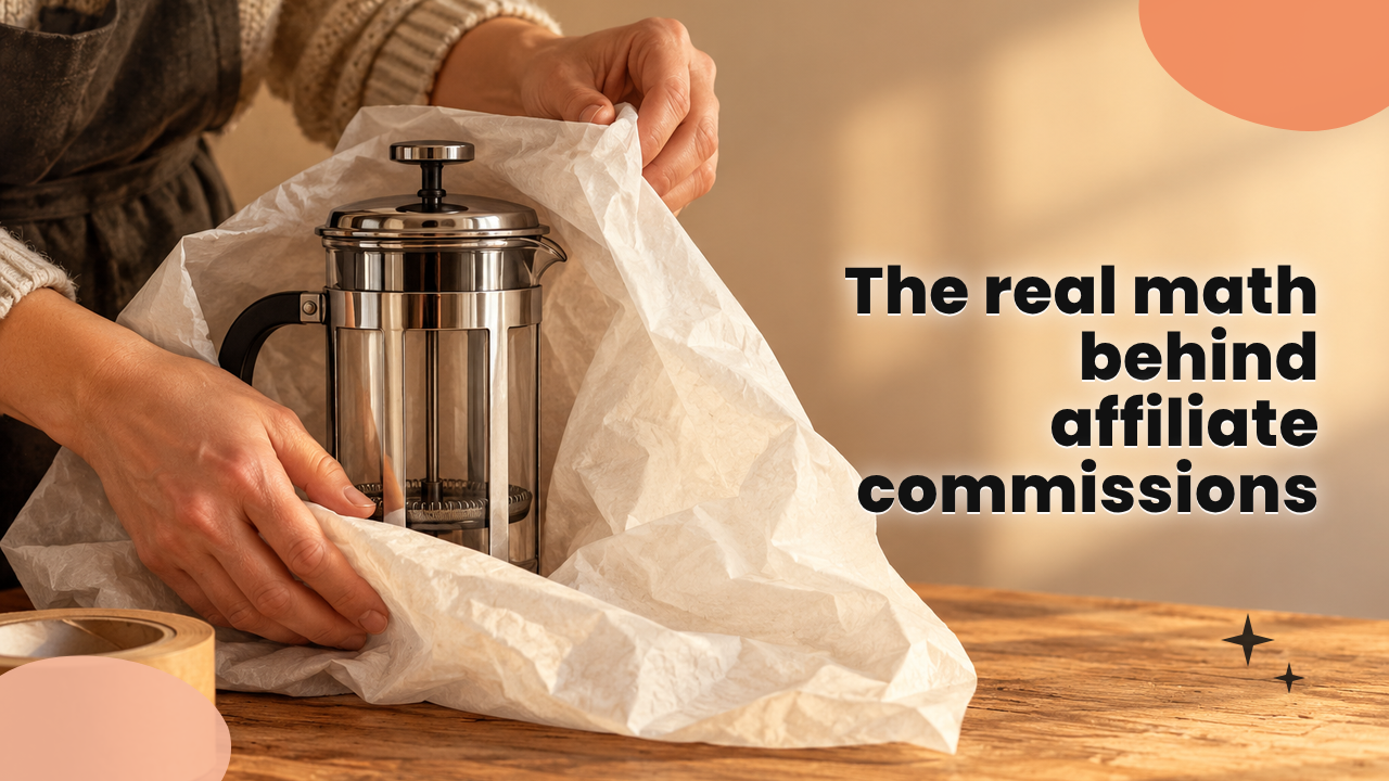 Hands packing a stainless steel french press into a shipping box on a wooden table