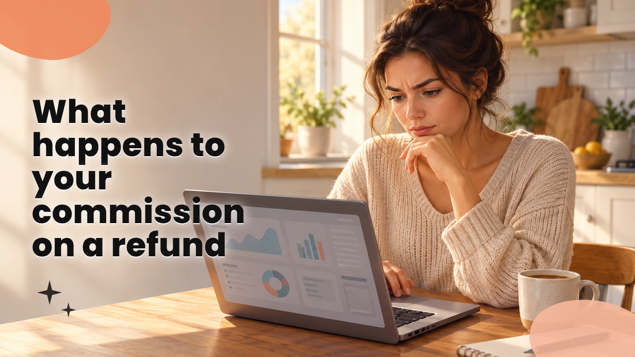 Affiliate checking a commission dashboard on a laptop at a kitchen table