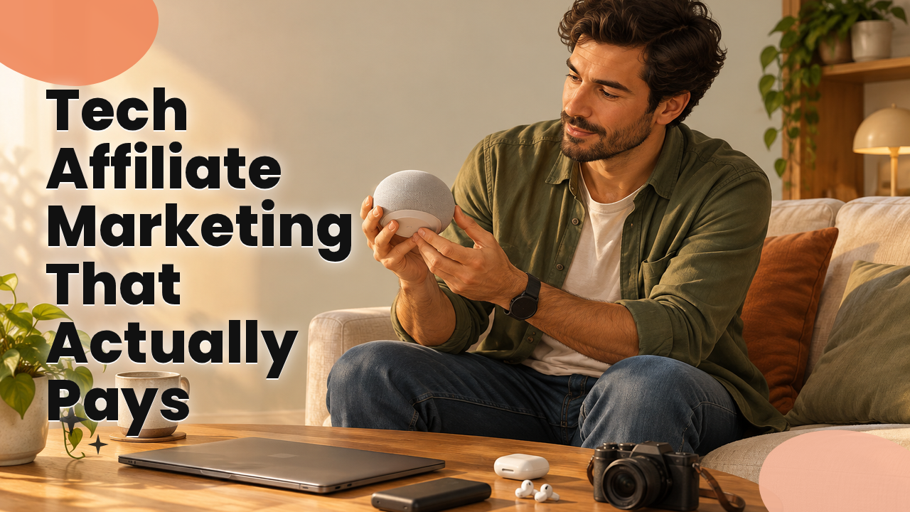 Person on a couch holding a smart home speaker with gadgets spread on the coffee table