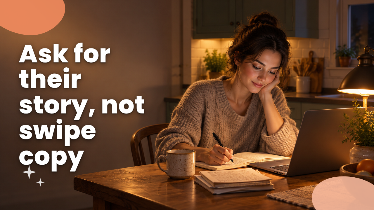 An affiliate manager writing a personal note at a warm, lamp-lit desk