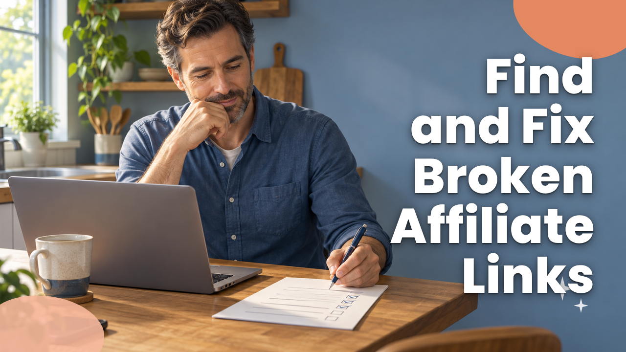 Affiliate marketer reviewing a list of links on a laptop at a kitchen table
