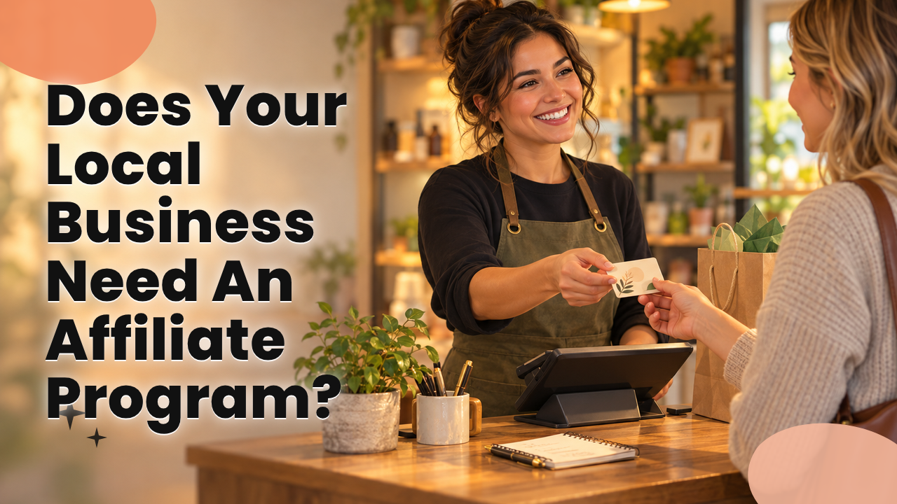 A local business owner handing a referral card to a customer at the checkout counter