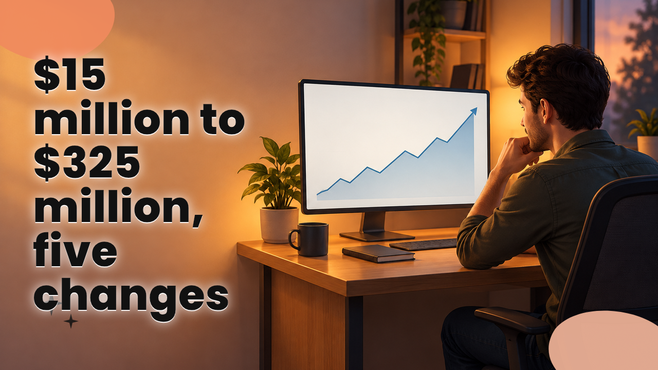 A person at a desk reviewing a rising affiliate revenue chart on a monitor, warm evening light