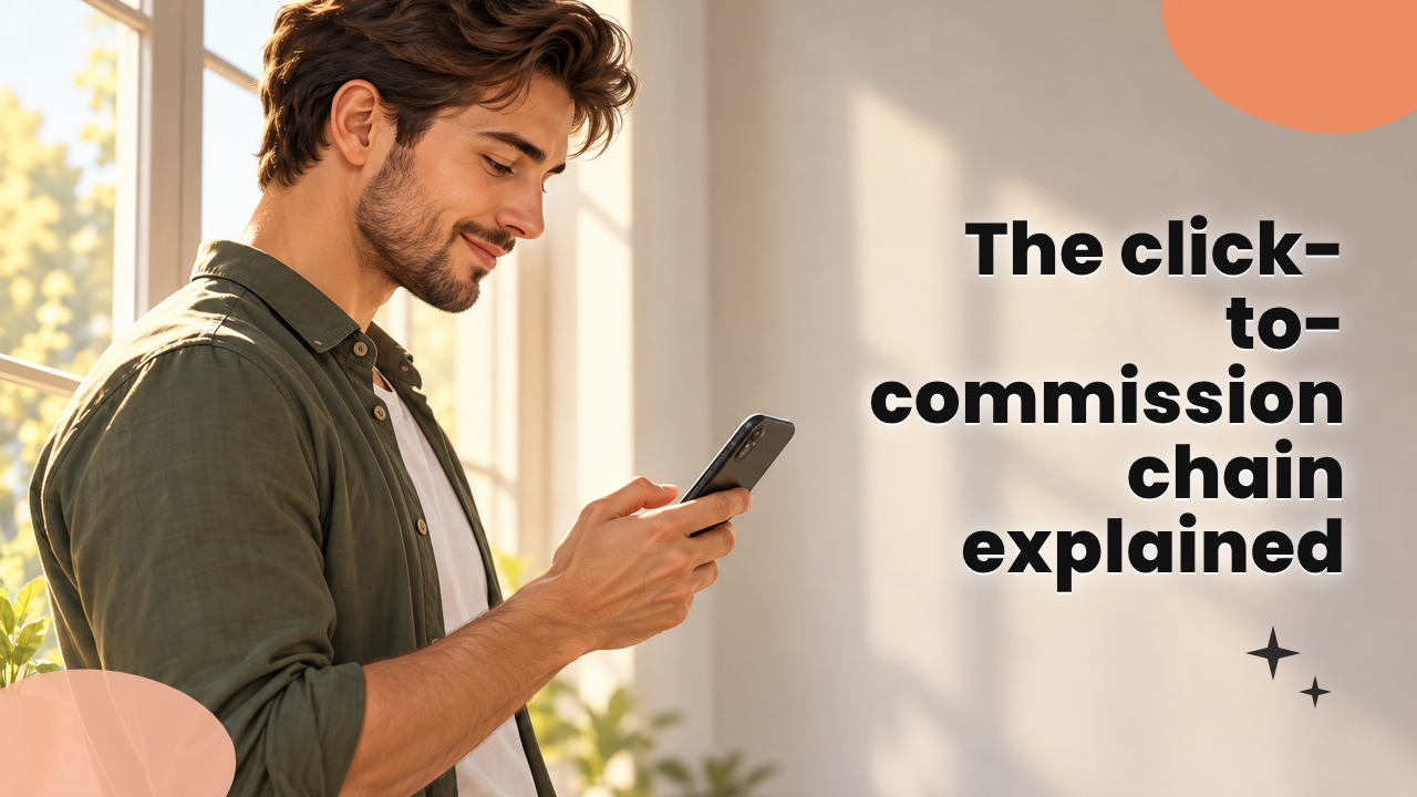 Affiliate marketer standing by a sunlit window looking at a phone