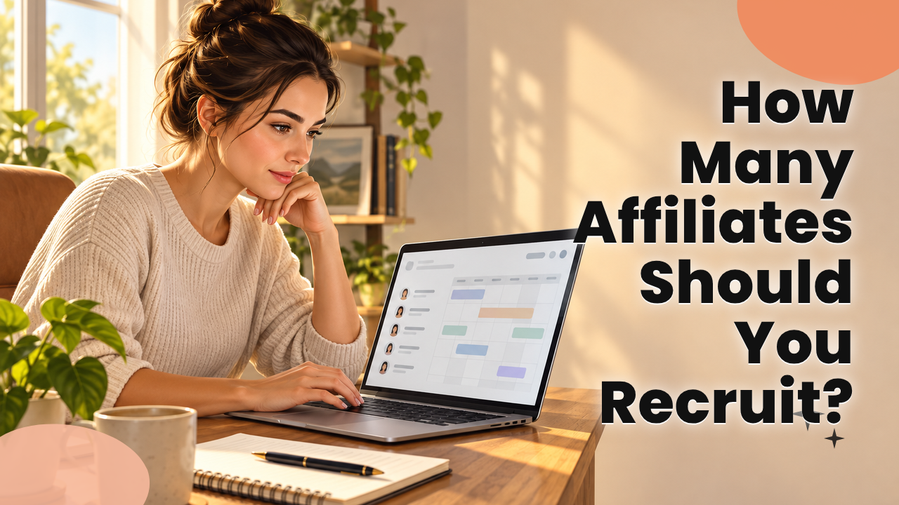 An affiliate manager reviewing a monthly recruiting pipeline on a laptop