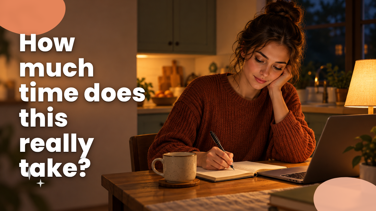 Affiliate marketer planning their week at a kitchen table in the evening