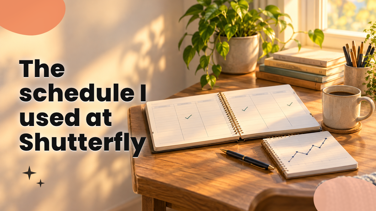 A desk with a weekly calendar marked for Monday, Wednesday, and Friday, a notebook, and a simple hand drawn line chart moving up and down, painted in warm morning light