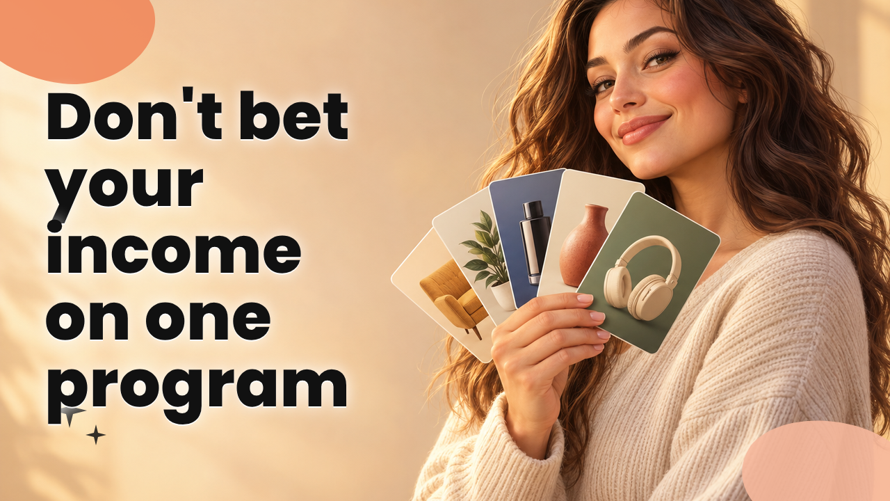 Affiliate marketer holding several product cards, warm afternoon light from the left