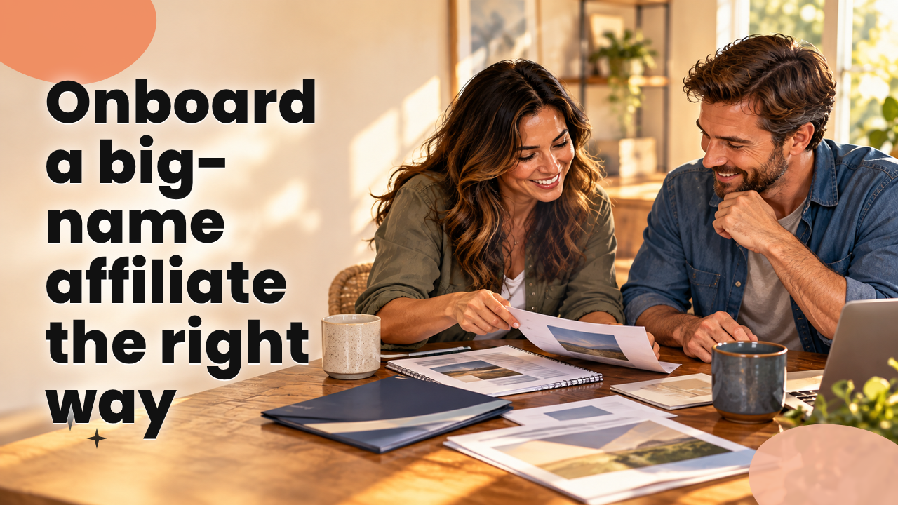 Affiliate manager reviewing a custom welcome packet with a major affiliate partner