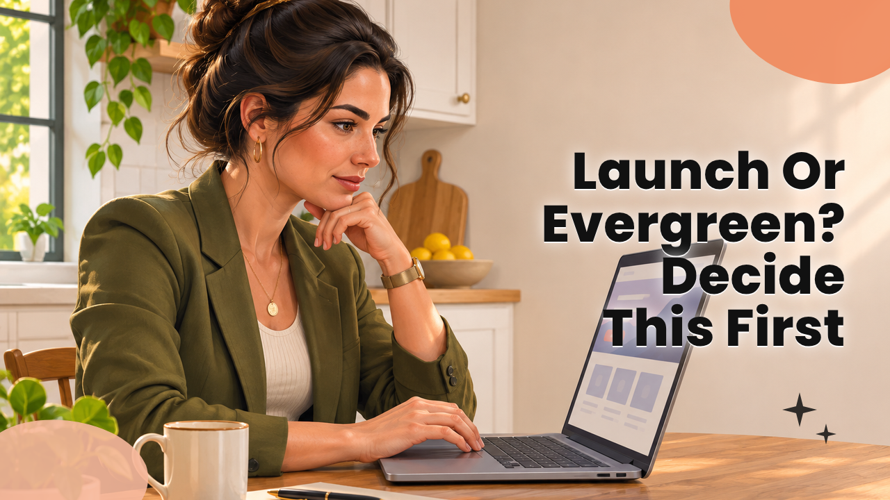 Business owner reviewing an info product launch page on a laptop