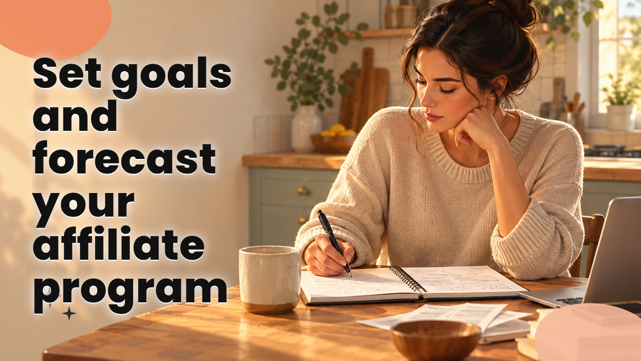 Business owner sketching an affiliate program forecast in a notebook at a kitchen table