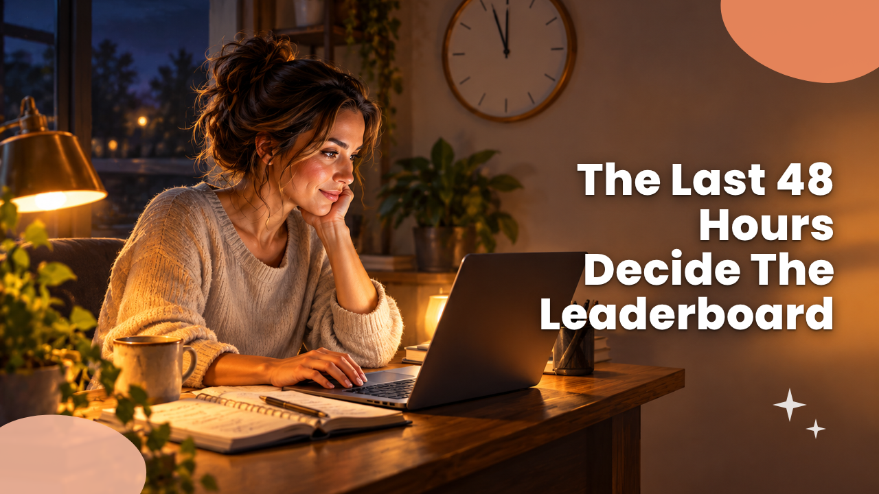 A marketer working at a desk late at night with a laptop open near midnight