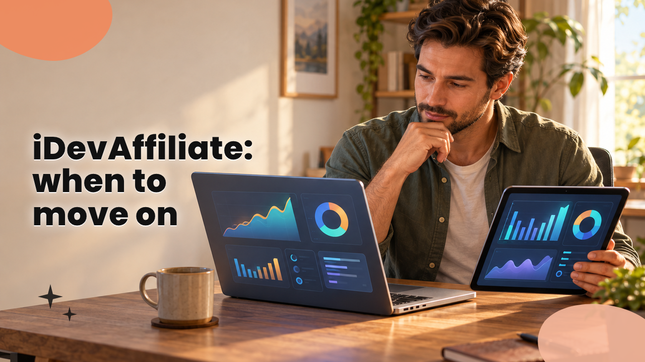 Affiliate program owner comparing software options on a laptop