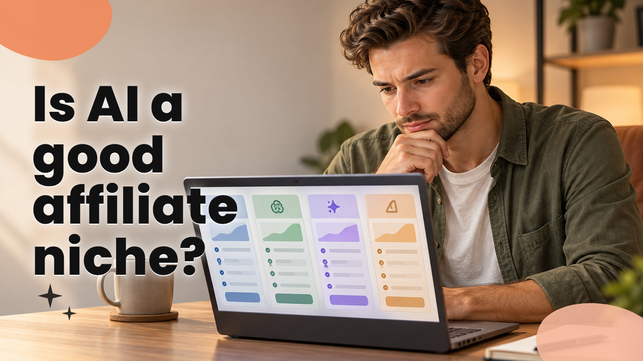 Affiliate marketer comparing several AI tool subscriptions side by side on a laptop