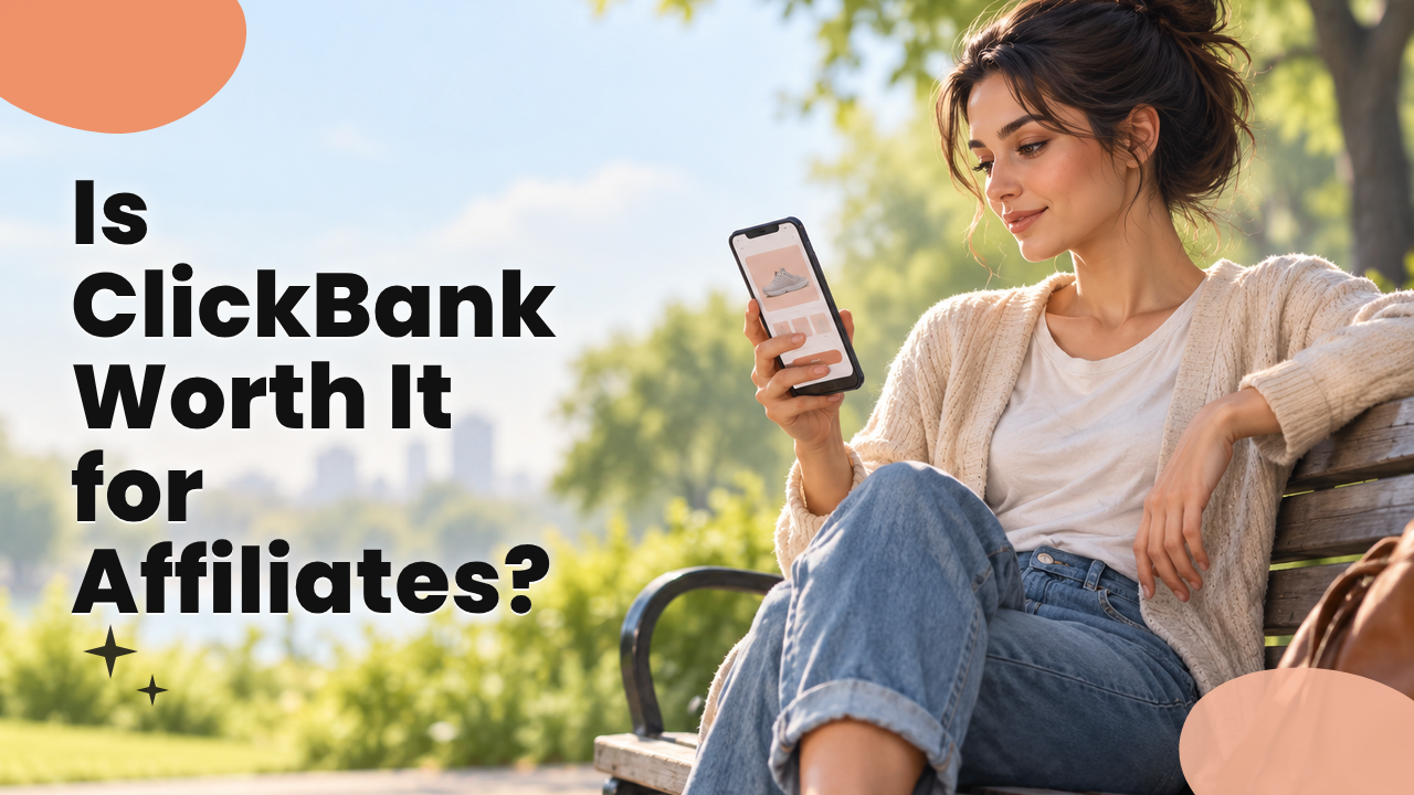 A marketer sitting on an outdoor park bench, checking a product page on a phone