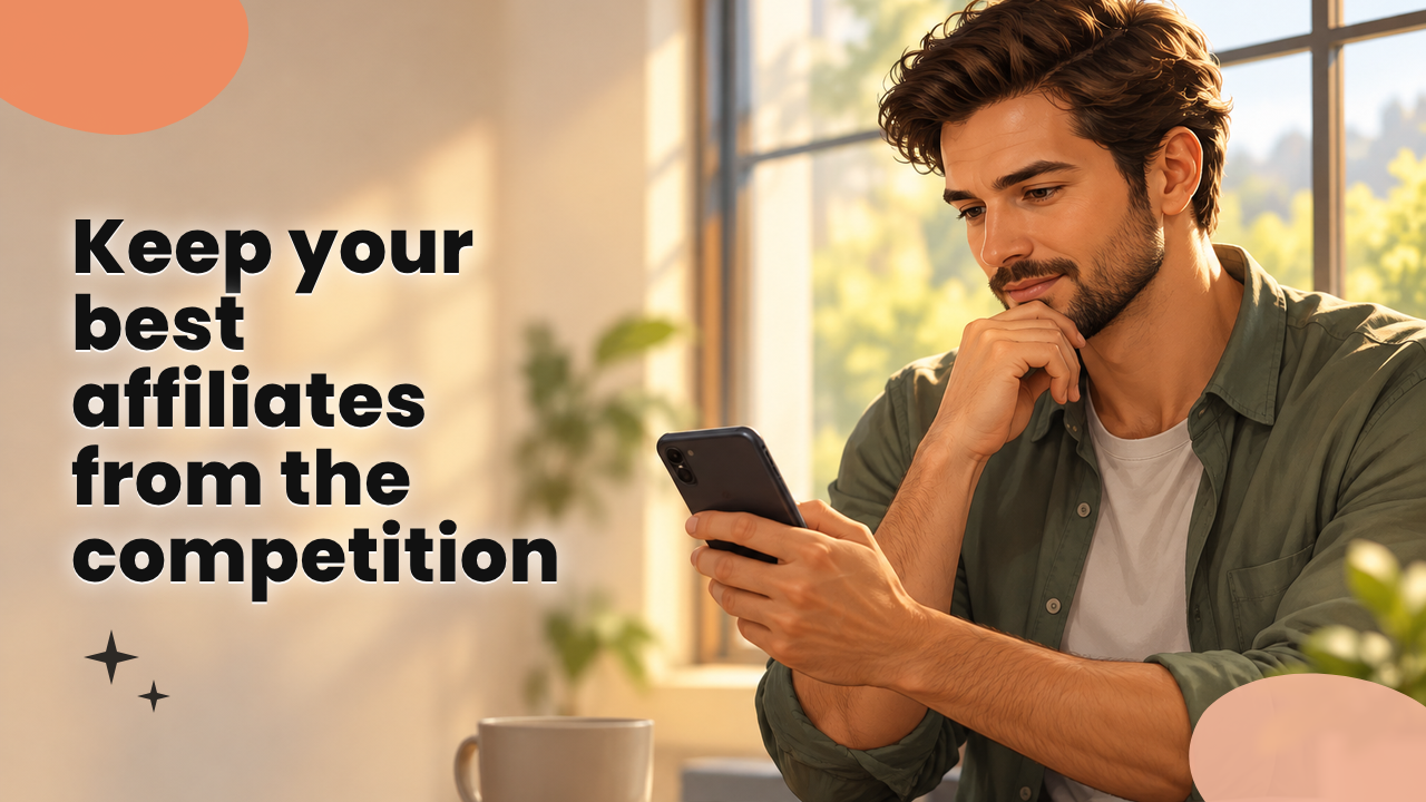 Affiliate reading a competing offer on a phone by a window