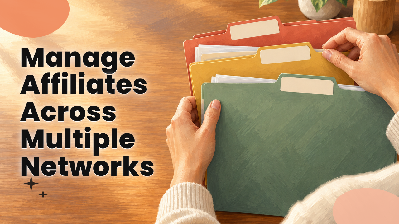 Close-up of hands sorting three color-coded folders on a wooden desk