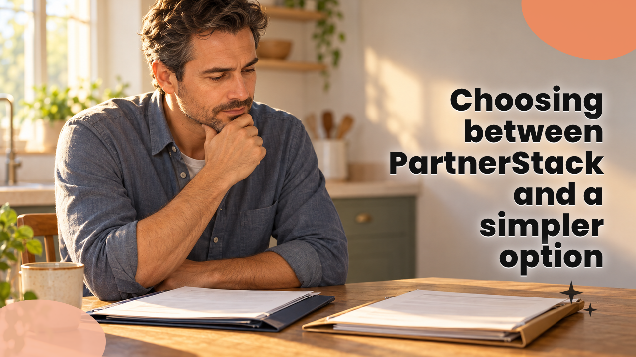 Business owner weighing two affiliate software options at a kitchen table