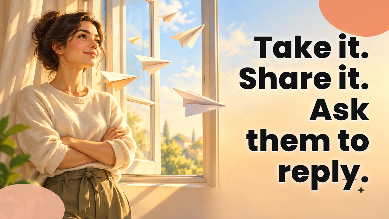 Illustration of reply messages flying toward a person standing by a window