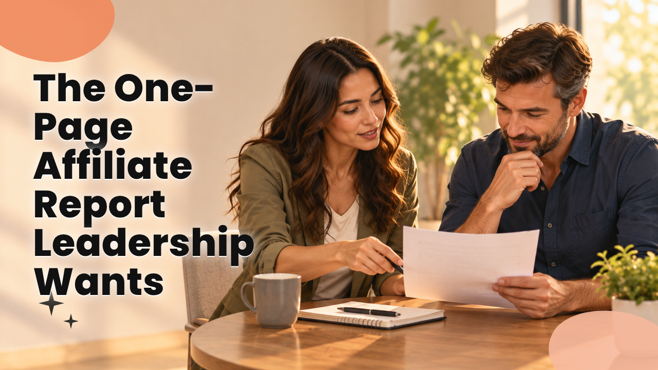Two people reviewing a one-page printed affiliate program report together at a table