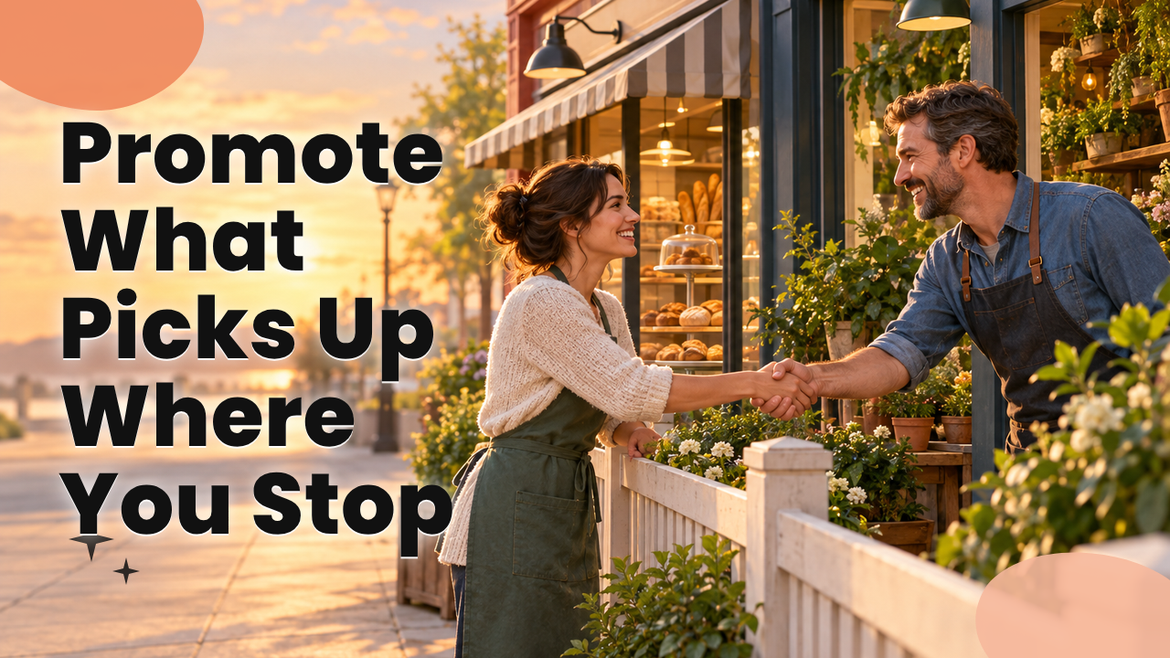 Two shop owners shaking hands over a low fence between neighboring storefronts
