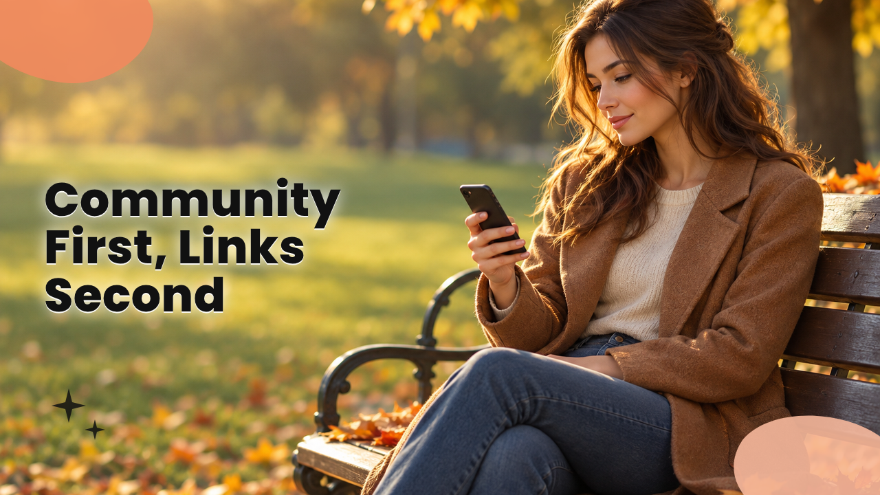 Woman checking her phone on a park bench with open negative space beside her