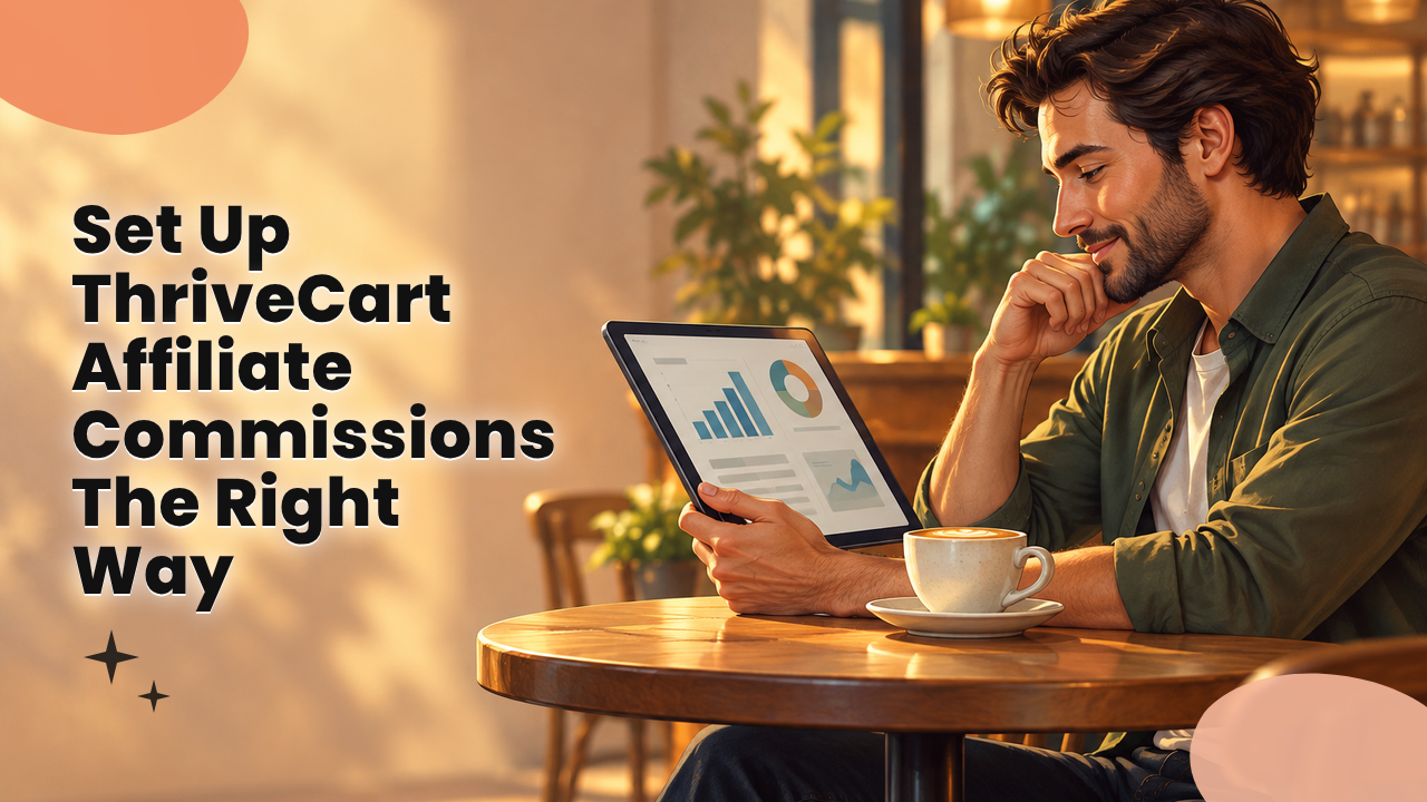 Business owner reviewing an affiliate dashboard on a tablet at a cafe table