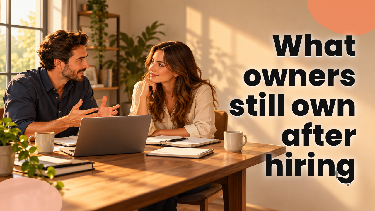 Business owner and new affiliate manager in a long kickoff meeting at a table with a laptop and notes