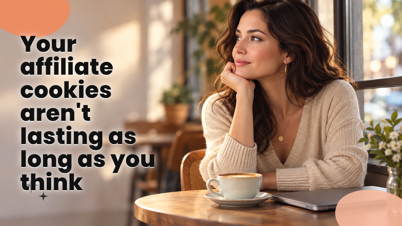 A woman affiliate program manager sits at a café table by a window, a closed laptop beside her coffee, looking off thoughtfully with open space to her left