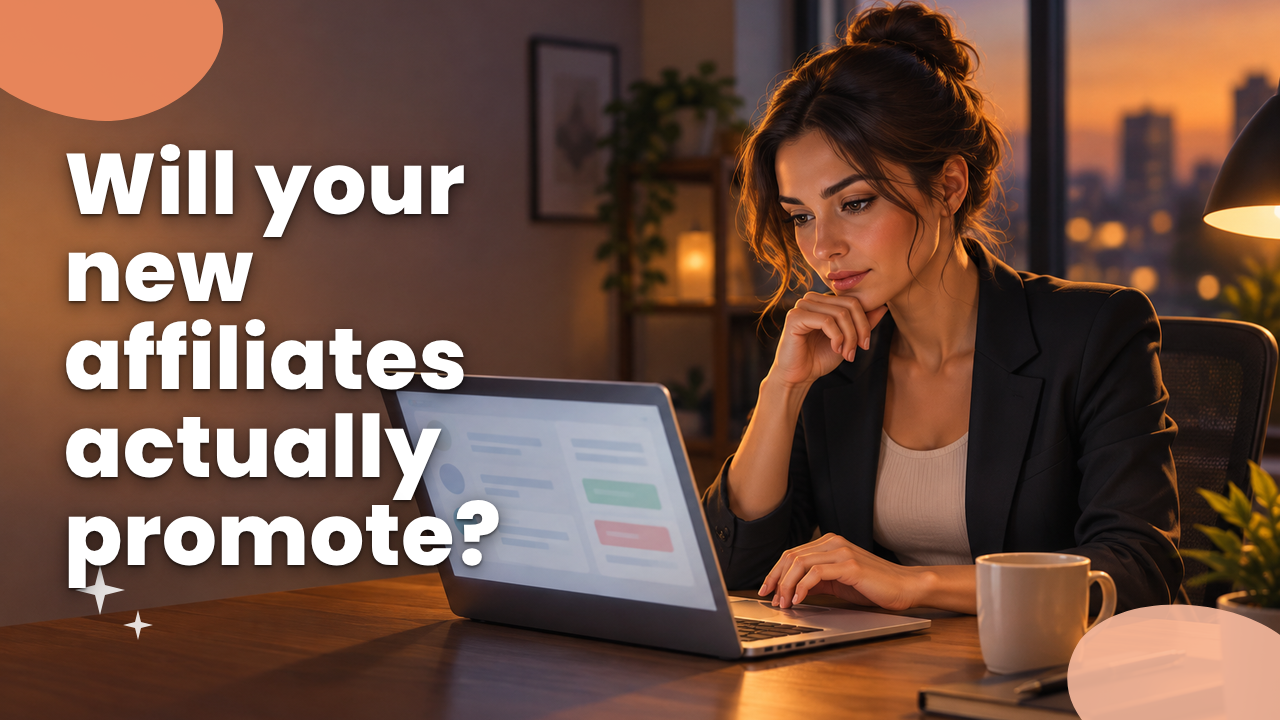 An affiliate manager pausing over an application on a laptop, weighing whether to approve
